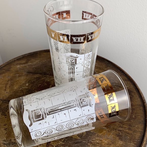 2 VTG MCM HIGHBALL TUMBLER GLASSES~Gold & White Roman Numerals Grandfather Clock - Picture 4 of 4